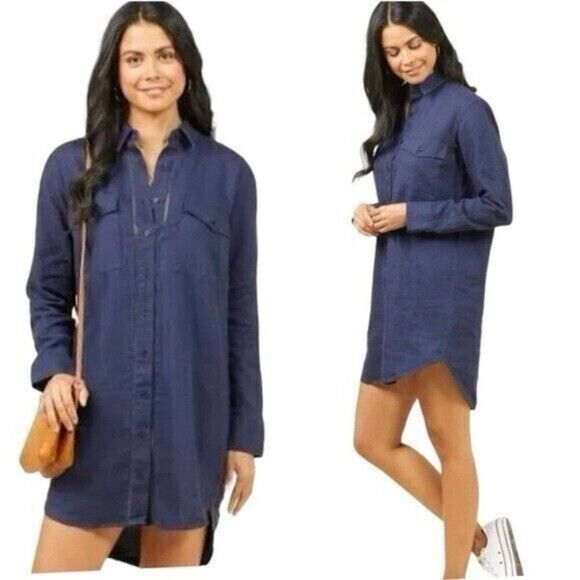 Outerknown Lace Trim Shirt Dress Size Medium Navy Blue Linen Organic Cotton - Picture 1 of 7